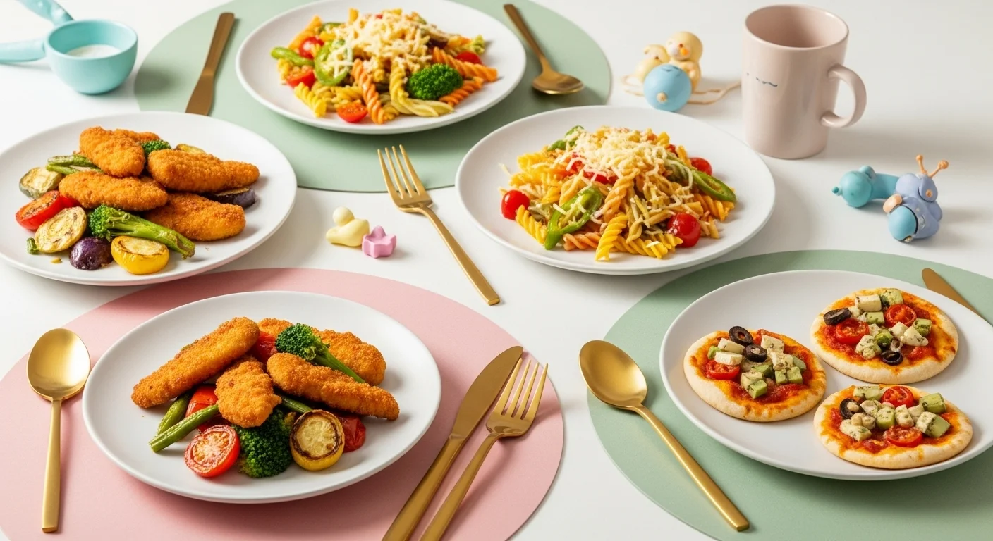 Luxury “Kid Zone” dining setup with chicken tenders, colorful pasta, and mini pita pizzas on child-sized plates with golden cutlery, realistic and playful.