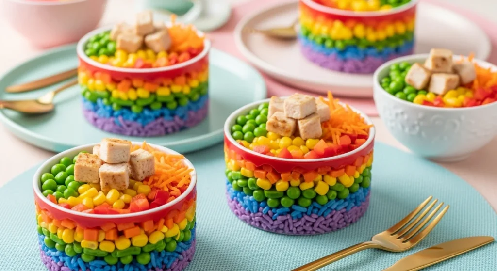Rainbow veggie rice bowls with grilled chicken on luxury child-sized plates, realistic and colorful “Kid Zone” meal.