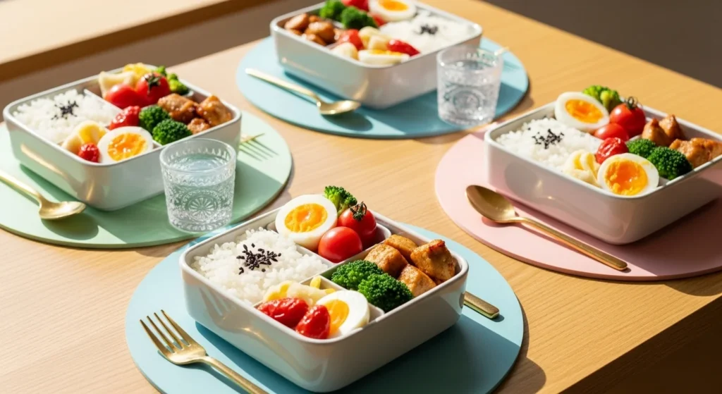 Kid-friendly build-your-own taco bowls with rice, beans, chicken, and vegetables on child-sized luxury plates, realistic and playful “Kid Zone.”