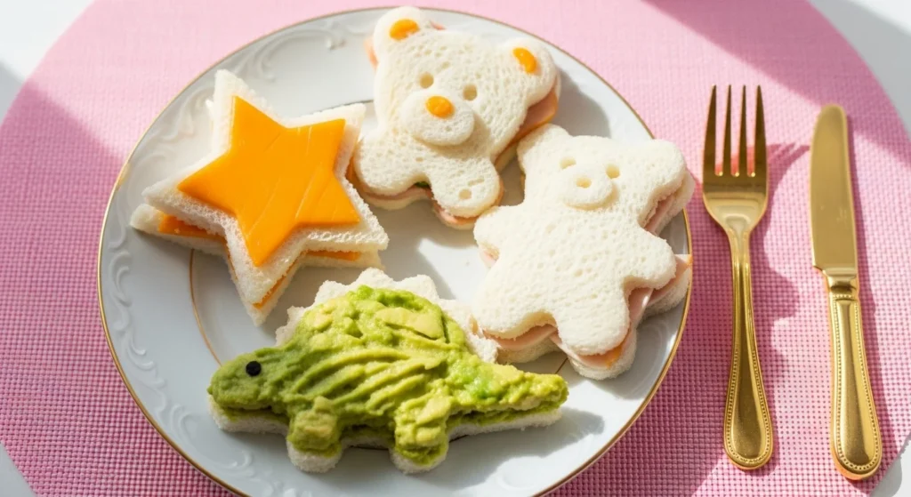 Animal-shaped sandwiches with cheese, turkey, and avocado on child-sized luxury plates, playful and realistic “Kid Zone” meal.