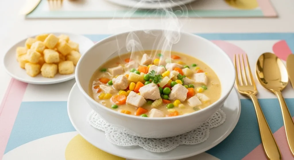 Kid-friendly vegetable and chicken soup in a luxury child-sized bowl with bread cubes, realistic and cozy “Kid Zone” presentation.