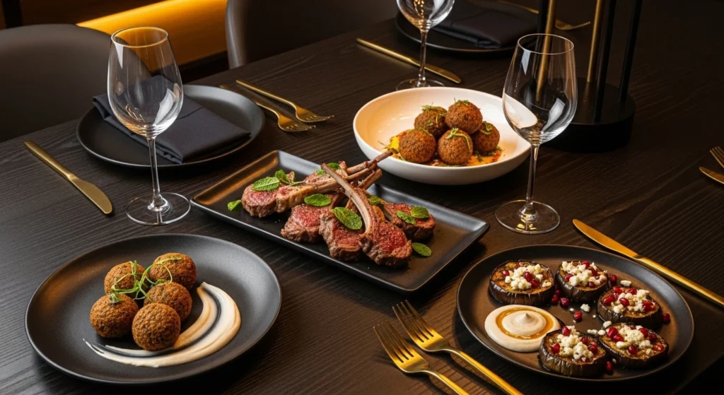 Stylish dinner table with air fryer lamb chops, falafel with tahini, and eggplant with feta on dark wood table.
