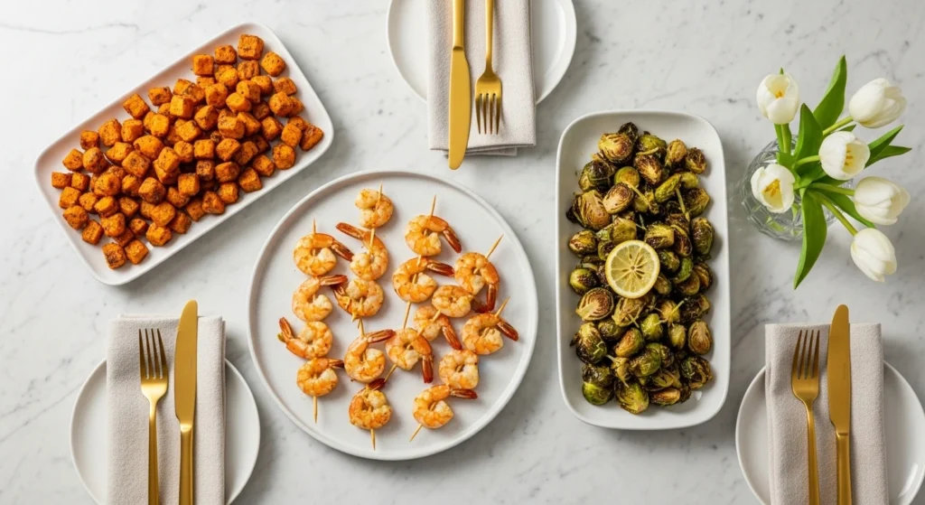 Bright marble brunch table with air fryer shrimp skewers, Brussels sprouts, and sweet potato bites, styled with gold cutlery and tulips.