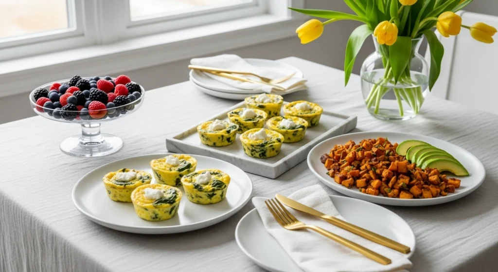 : Bright table with air fryer frittata bites, sweet potato hash with avocado, and fresh berries.
