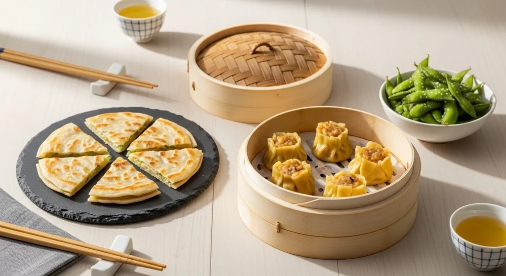 Air fryer shrimp dumplings, scallion pancakes, and crispy edamame on a pale wood table with green tea.