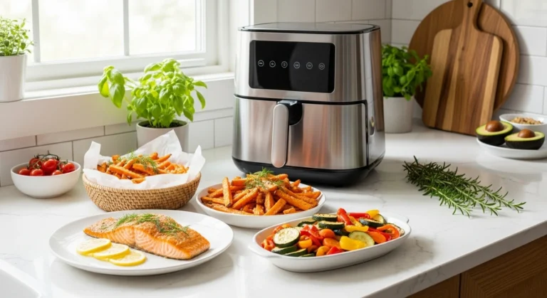 Healthy air fryer recipes with salmon, sweet potato fries, and roasted vegetables displayed in a bright kitchen.