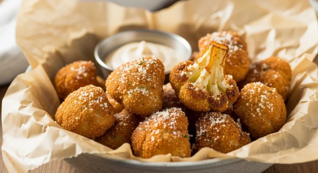 Close-up of crispy air fryer Parmesan cauliflower bites in a rustic bowl with dipping sauce.