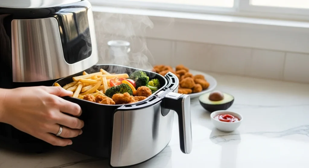 “Hand pulling out an air fryer basket filled with crispy fries, roasted vegetables, and chicken bites in a bright kitchen.”