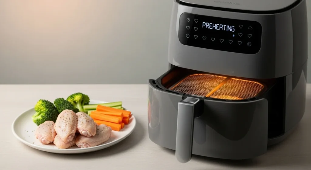 Air fryer preheating with food ready on the side for cooking.