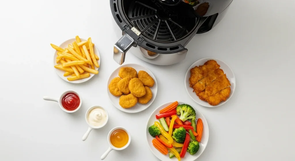 assorted leftovers ready to reheat in an air fryer with dipping sauces nearby