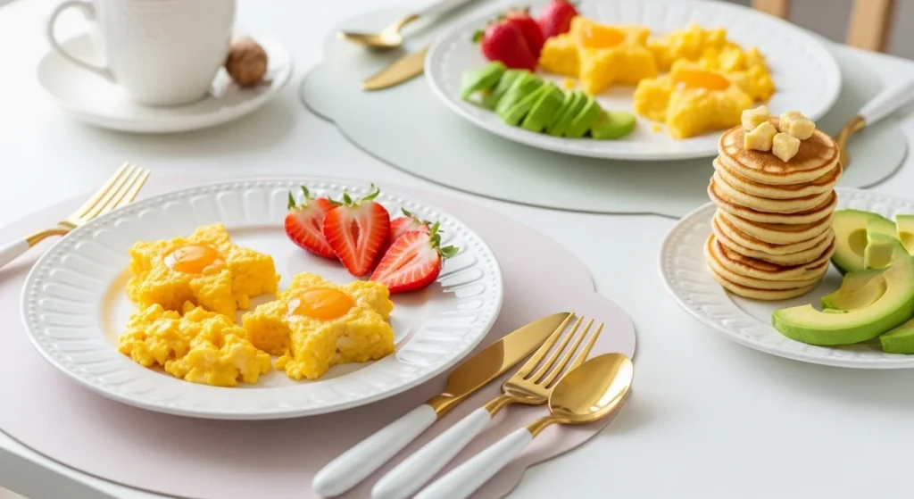 Star-shaped scrambled eggs with mini pancakes and fruit on child-sized luxury plates, playful and realistic “Kid Zone” breakfast-for-dinner.