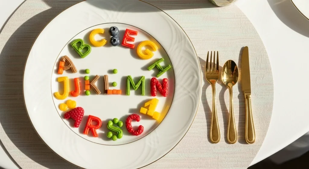 Kid-friendly plate with food arranged in alphabet/number shapes on child-sized luxury plate, realistic and playful “Kid Zone.”