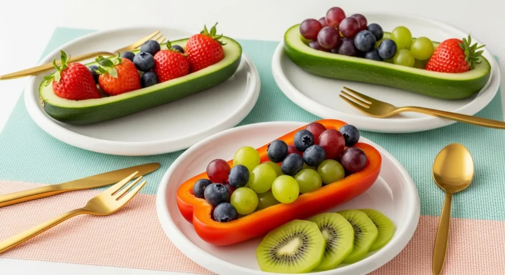 Seasonal fruit-filled cucumber and bell pepper boats on child-sized luxury plates, playful and realistic “Kid Zone.”