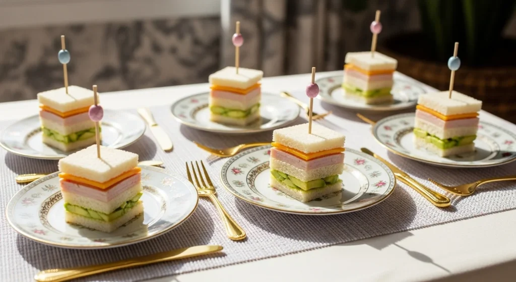 Kid-friendly DIY mini sandwich stackers on luxury child-sized plates, realistic and playful “Kid Zone” setup.