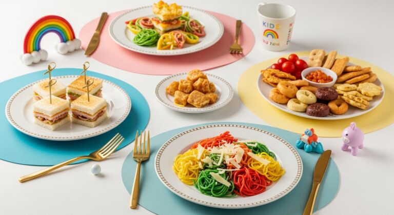 Luxury “Kid Zone” dining setup with sheet-pan chicken, colorful pasta, and mini pita pizzas on child-sized plates with golden cutlery, realistic and playful.
