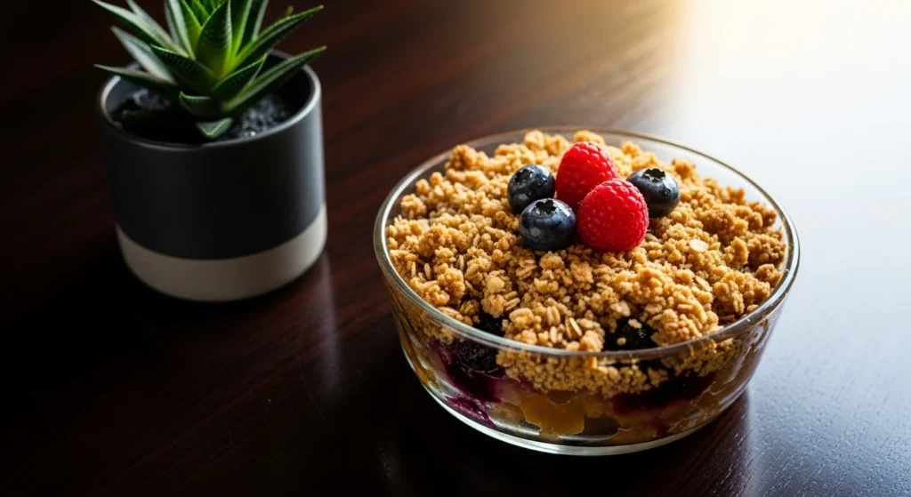Air fryer fruit crisp in a glass dish on a dark wooden table, topped with fresh berries, styled realistically with a luxury feel.