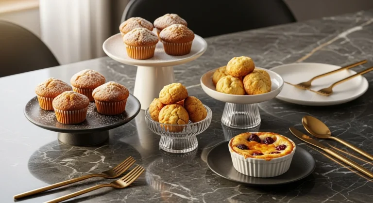 Assorted air fryer desserts including mini muffins, cookie bites, and fruit crisp served on a modern luxury table with golden cutlery, styled realistically.
