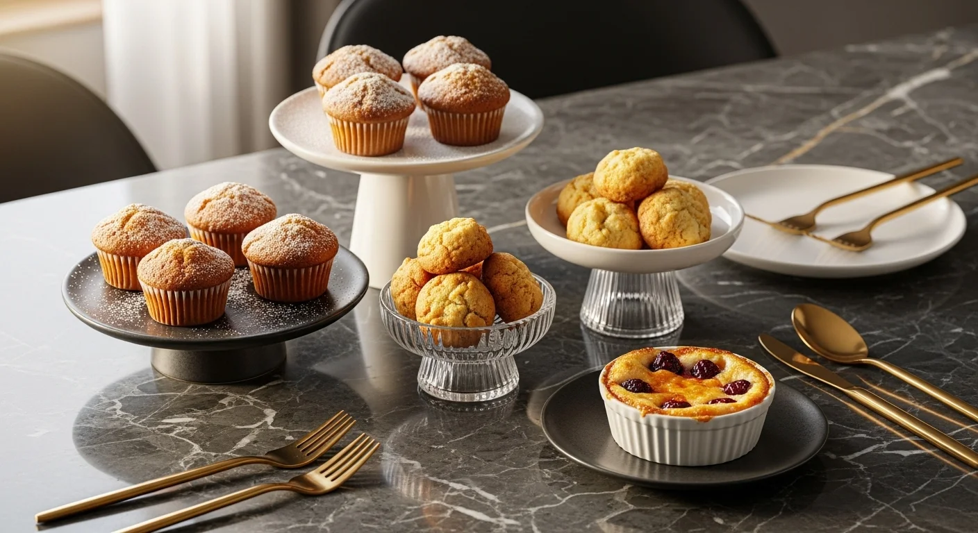 Assorted air fryer desserts including mini muffins, cookie bites, and fruit crisp served on a modern luxury table with golden cutlery, styled realistically.