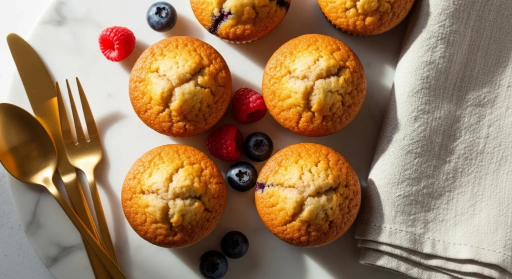 Mini muffins from an air fryer displayed on a marble tray with fresh berries and golden cutlery, styled in a realistic luxury aesthetic.