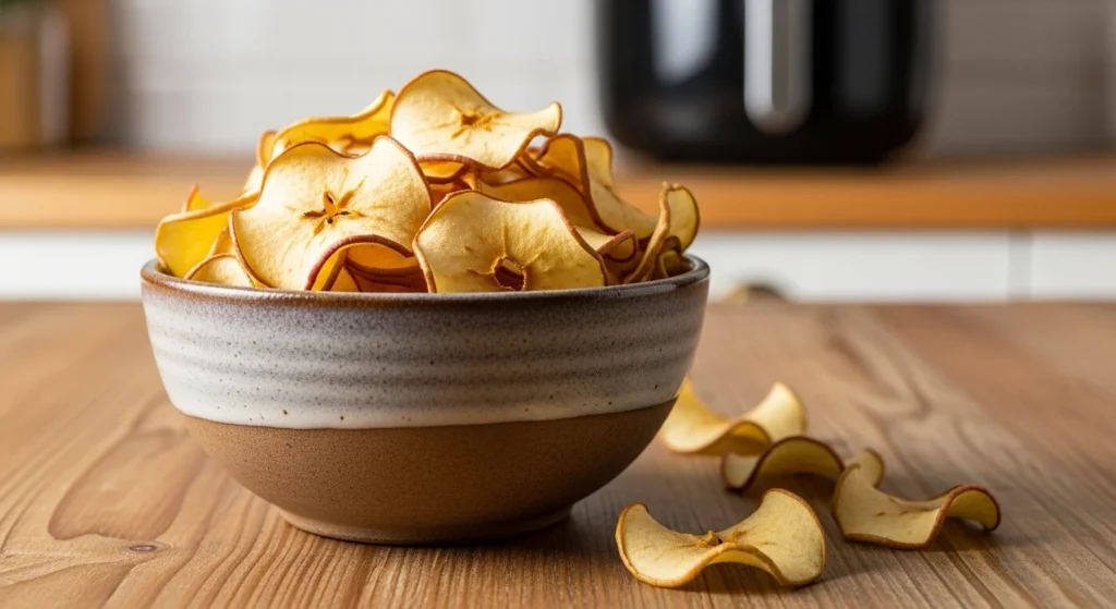 “Family-friendly air fryer desserts including cookies, donuts, apple chips, and brownies displayed beside an air fryer in a kitchen setting.”
