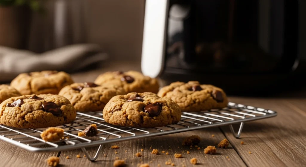 “Family-friendly air fryer desserts including cookies, donuts, apple chips, and brownies displayed beside an air fryer in a kitchen setting.”