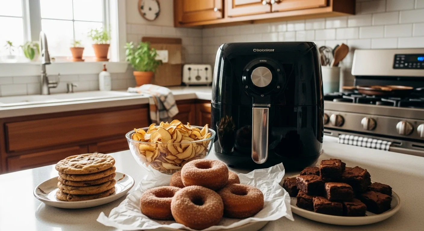“Family-friendly air fryer desserts including cookies, donuts, apple chips, and brownies displayed beside an air fryer in a kitchen setting.”