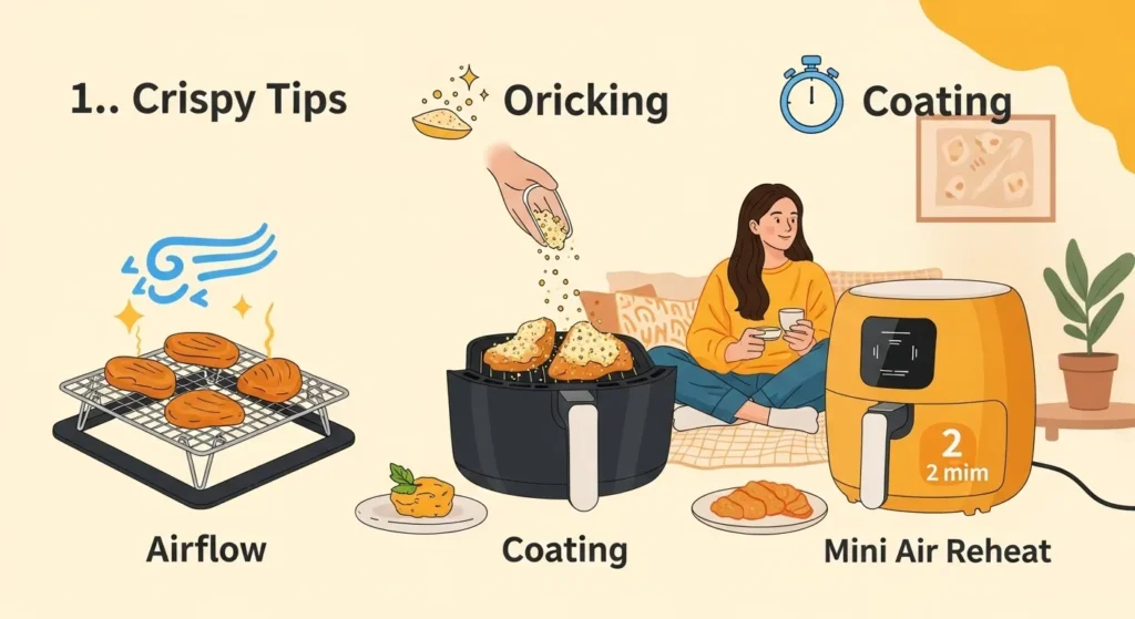 Illustration showing tips for crispy air fryer cooking: wire rack, coating, and quick reheat with playful icons.