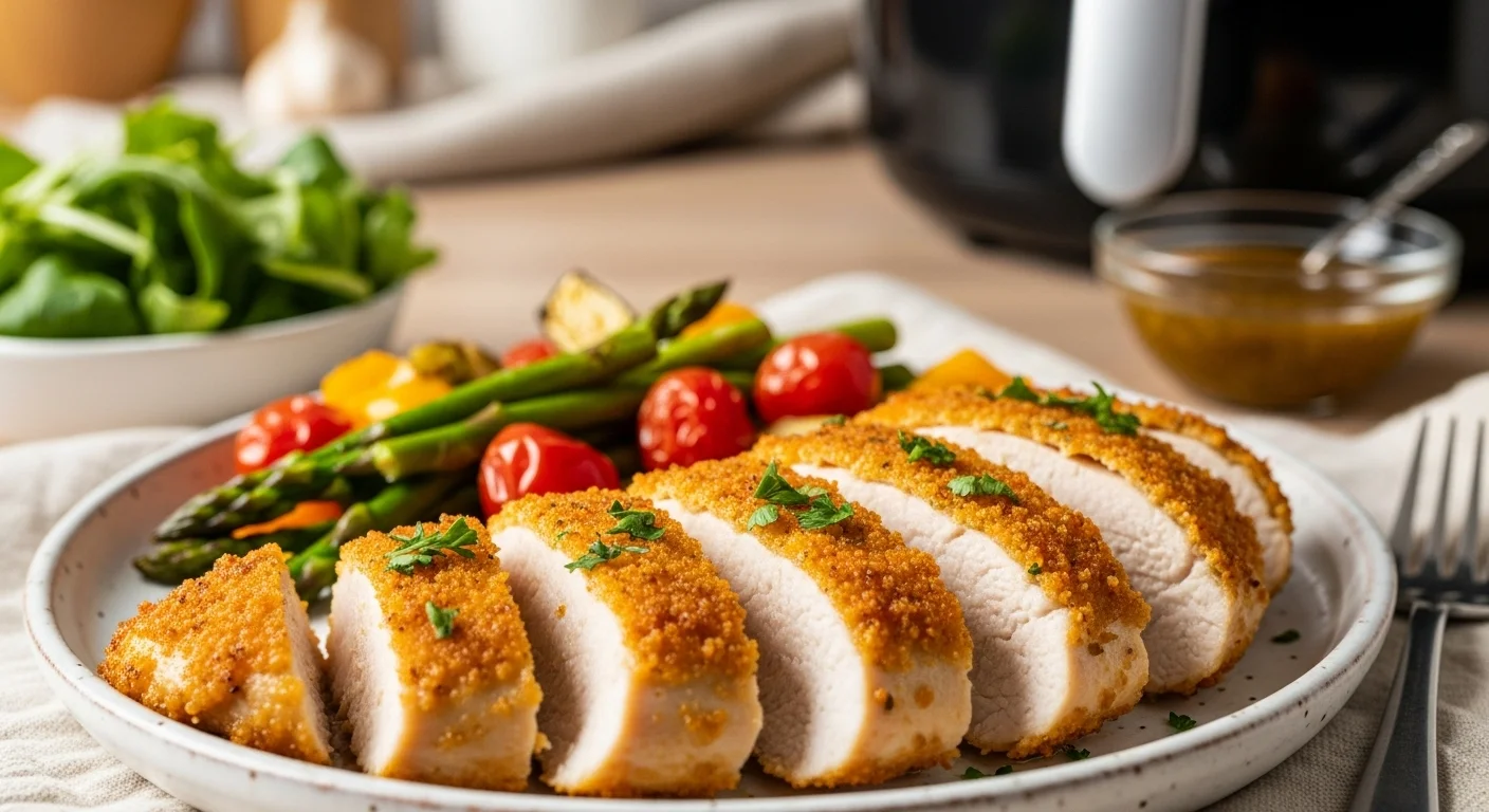 A vibrant, close-up image of golden-brown Air Fryer Garlic Herb Chicken Breasts, sliced to reveal juicy, tender meat, garnished with a sprinkle of fresh parsley.