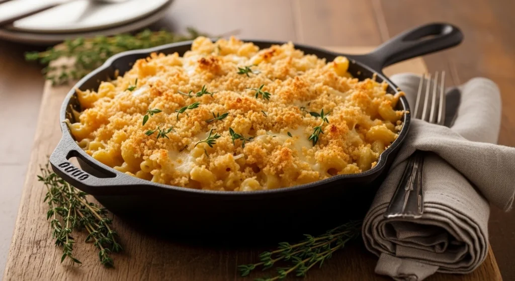 Luxury baked mac and cheese in a cast-iron skillet with golden breadcrumb topping.