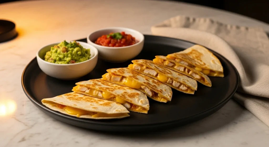 Luxury-style chicken quesadillas with cheese, guacamole, and salsa on a black platter.