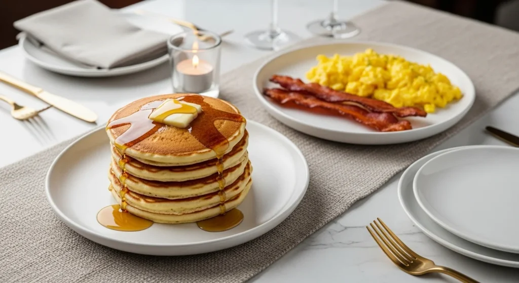 “A refined breakfast-for-dinner setup featuring fluffy golden pancakes stacked with a pat of butter and drizzle of maple syrup, alongside perfectly scrambled eggs and crisp bacon strips. The dishes are plated on matte white porcelain with brushed gold cutlery, served on a marble table with soft candlelight and a linen runner for an upscale, cozy feel.”