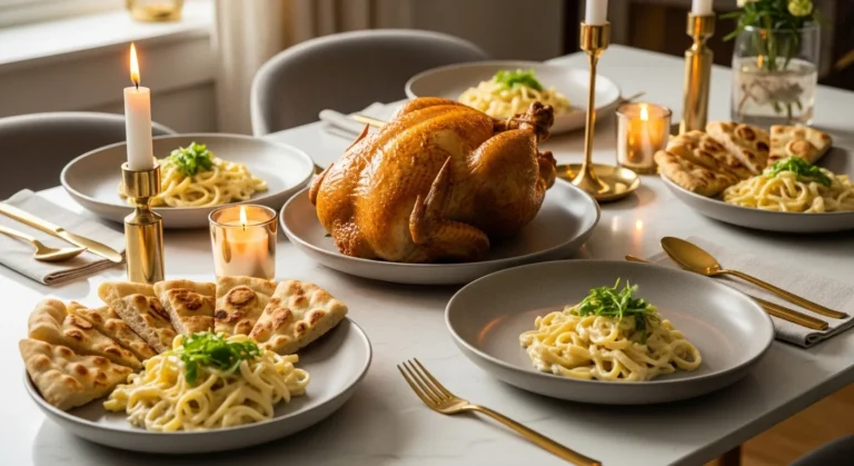 Luxury family dinner spread with roasted chicken, pasta, and flatbread on a marble table.