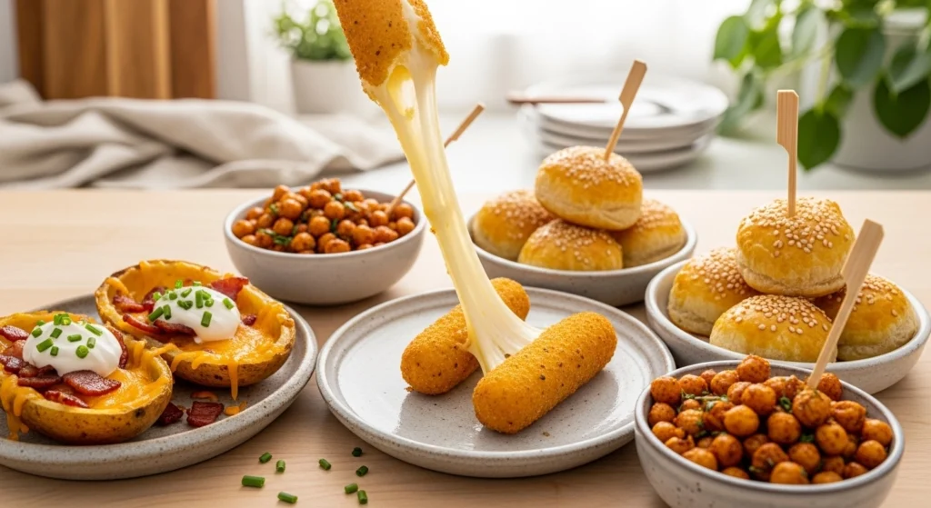 Assorted homemade snacks and appetizers including mozzarella sticks, potato skins, puff pastry bites, and seasoned chickpeas served on small plates.