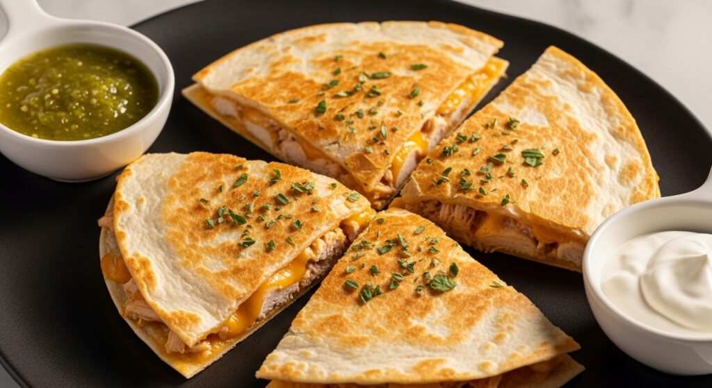 Luxury-style chicken quesadillas with cheese and salsa on a black plate.