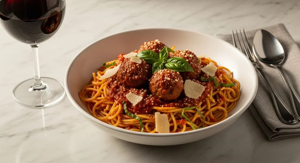 Luxury-style spaghetti with meatballs, parmesan, and basil in a white bowl.
