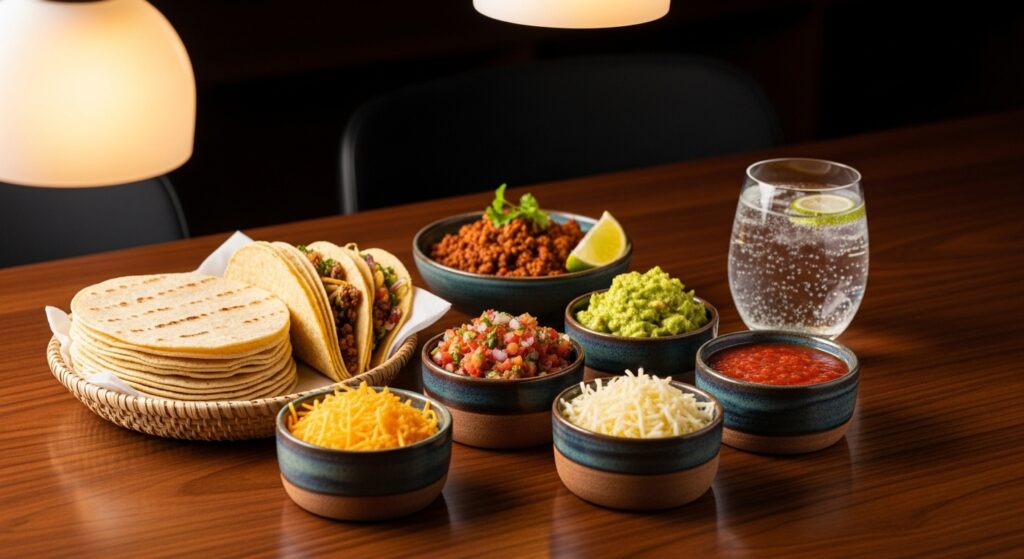 Luxury taco night spread with tortillas, beef, and toppings on a wooden table.