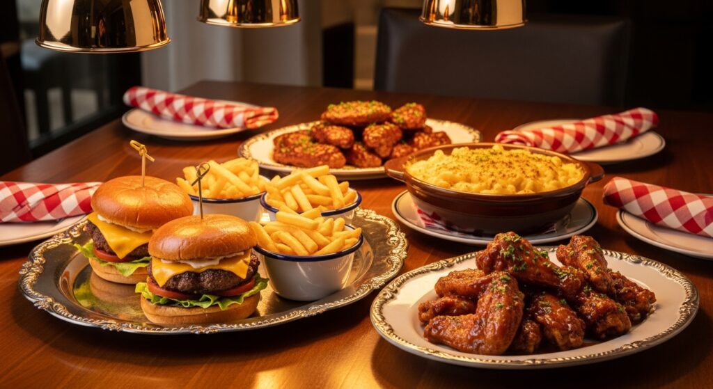 USA family dinner spread with burgers, fries, BBQ chicken, corn, and mac and cheese.