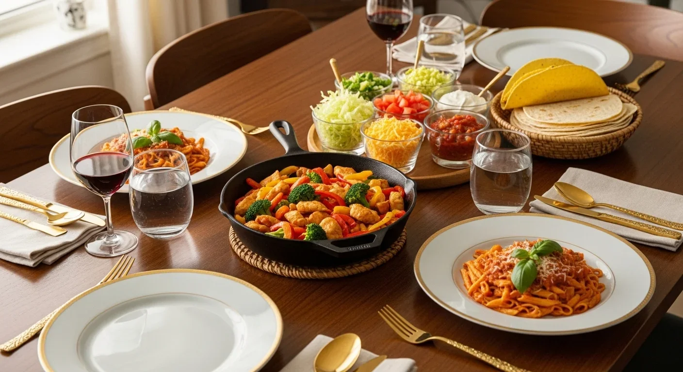 “Family dinner table with chicken stir-fry, tacos, and pasta ready in 30 minutes.”