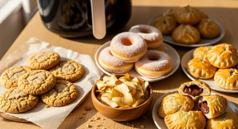 “Assorted sweet treats made in an air fryer, including cookies, donuts, apple chips, and pastries on a kitchen table.”