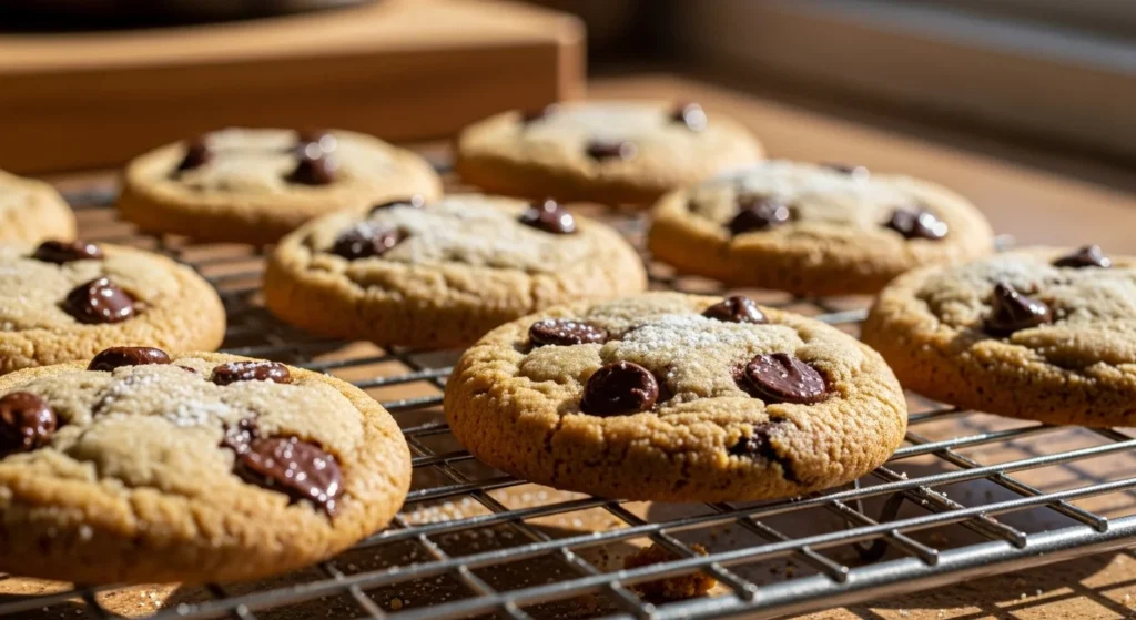 “Golden-brown air fryer chocolate chip cookies cooling on a rack with melted chocolate visible.”