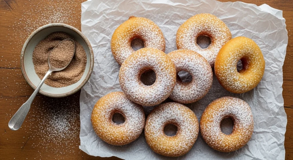 “Fresh air fryer donuts coated in cinnamon sugar on a parchment-lined wooden board.”