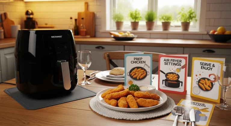 Air fryer chicken tenders with recipe steps on a kitchen table.