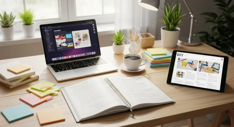 Organized workspace with laptop, notebook, and tablet displaying step-by-step how-to instructions, emphasizing learning and productivity.
