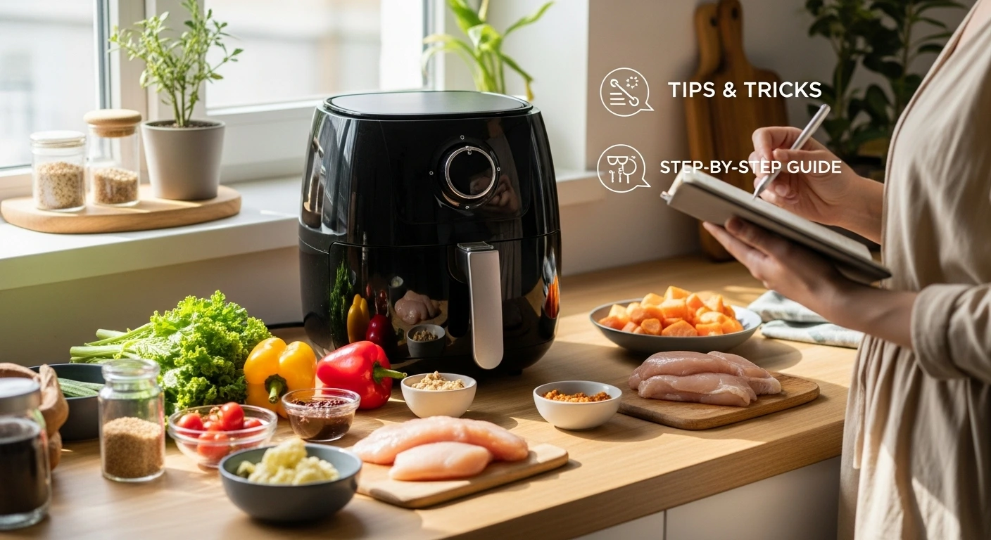 Air fryer with ingredients and a hand holding a tablet showing step-by-step tips and how-to guide in a bright kitchen.