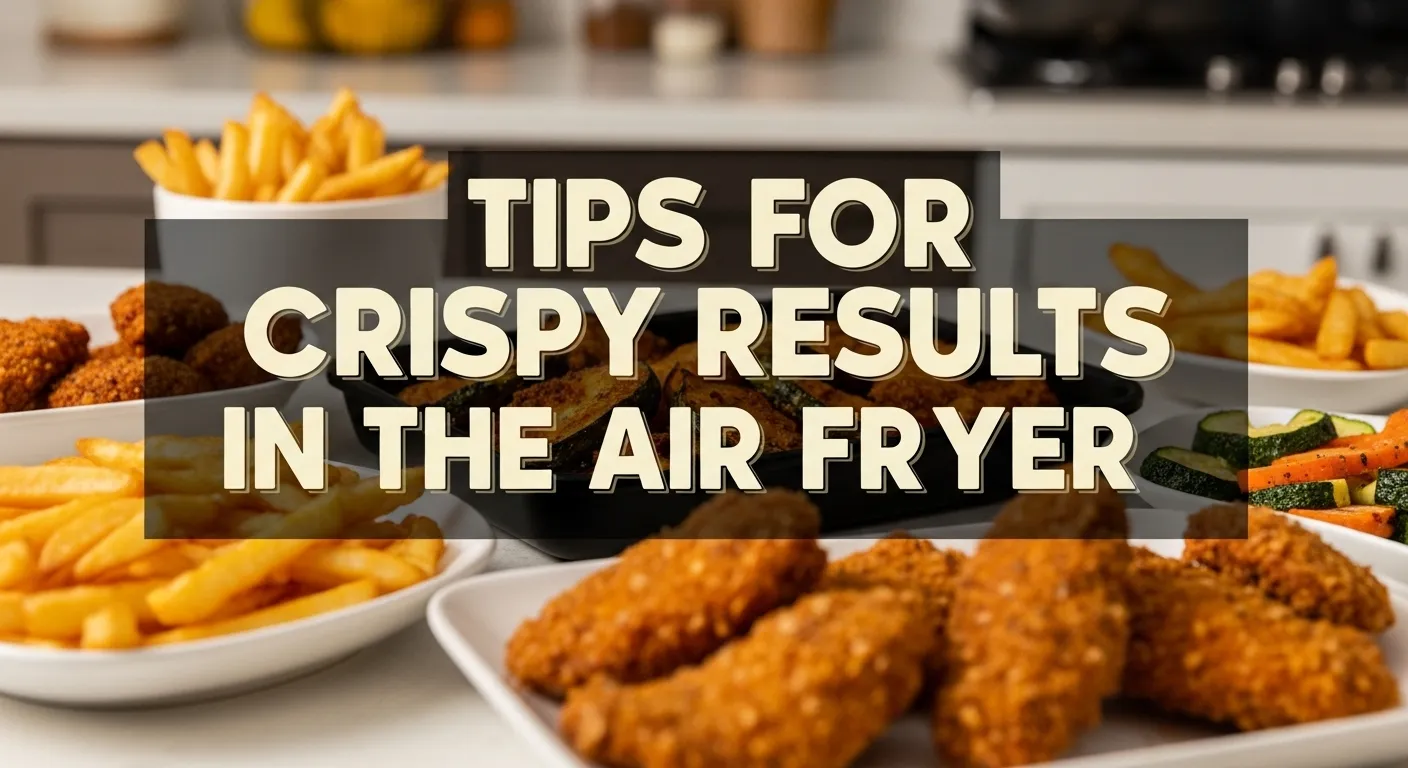 Hero image showing crispy air fryer foods with bold text reading "Tips for Crispy Results in the Air Fryer"