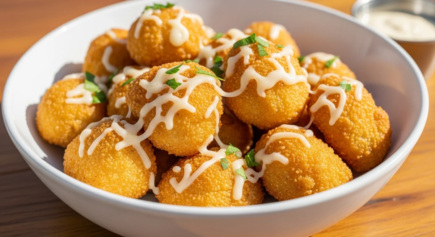 Golden crispy air fryer cauliflower bites topped with Parmesan and parsley in a white bowl.