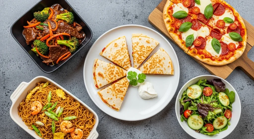 Family-style dinner spread with pasta primavera, salmon and green beans, and veggie fried rice on a warmly lit table, styled to look natural and inviting.