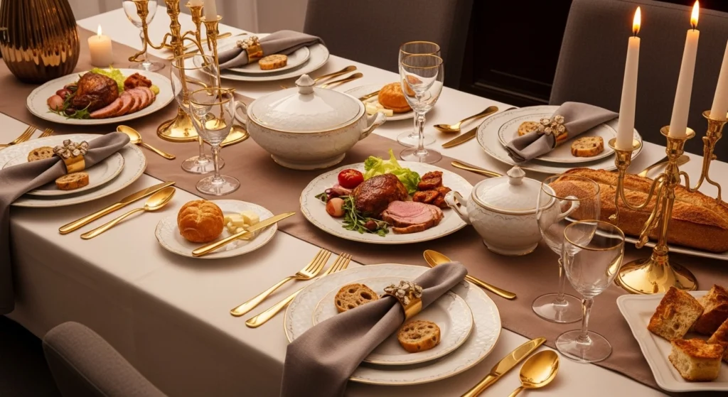 “Elegant family dinner table with golden cutlery, fine china, and beautifully plated roasted meats, vegetables, and artisan bread in warm, calm lighting.”