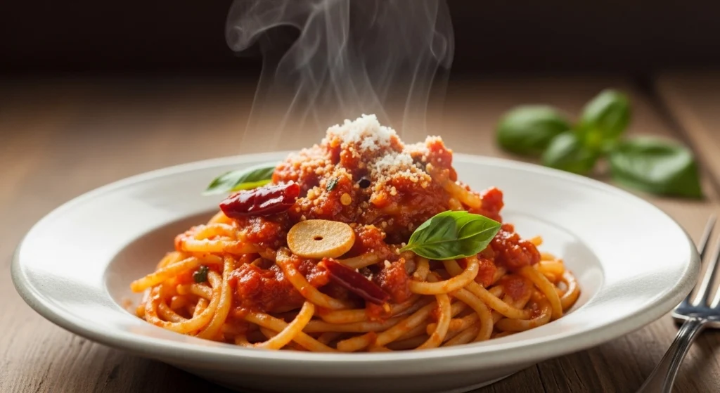 "Close-up of a bowl of spicy pasta tossed in a rich red chili-tomato sauce, topped with parmesan and fresh basil, served hot with steam rising."