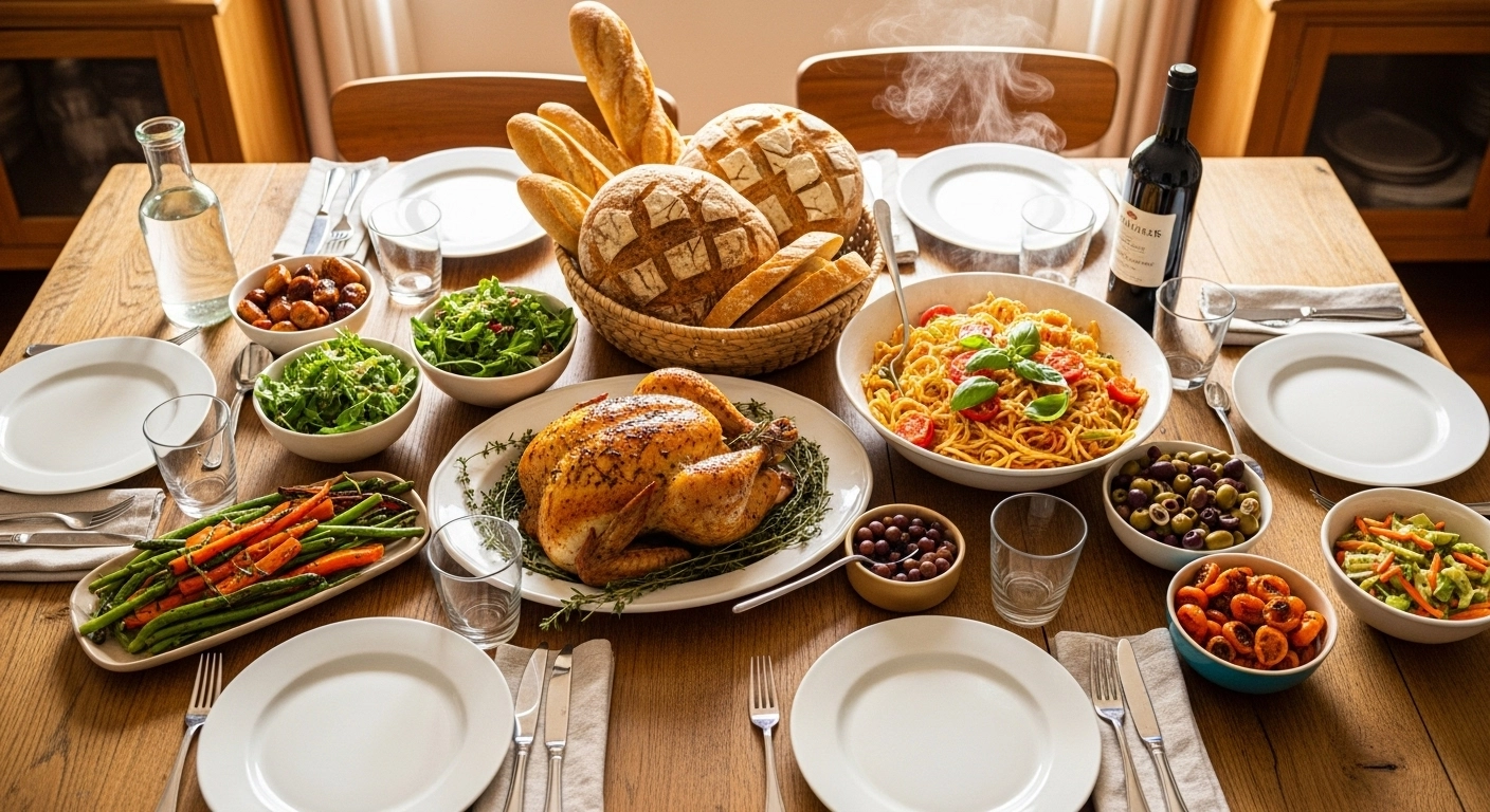 “Large family dinner table set for 6 to 8 people with platters of roasted chicken, pasta, vegetables, and bread in a cozy, well-lit dining room.”